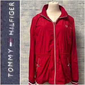Tommy Hilfiger Women Large Red Hooded Anorak Jacket Windbreaker Drawstring